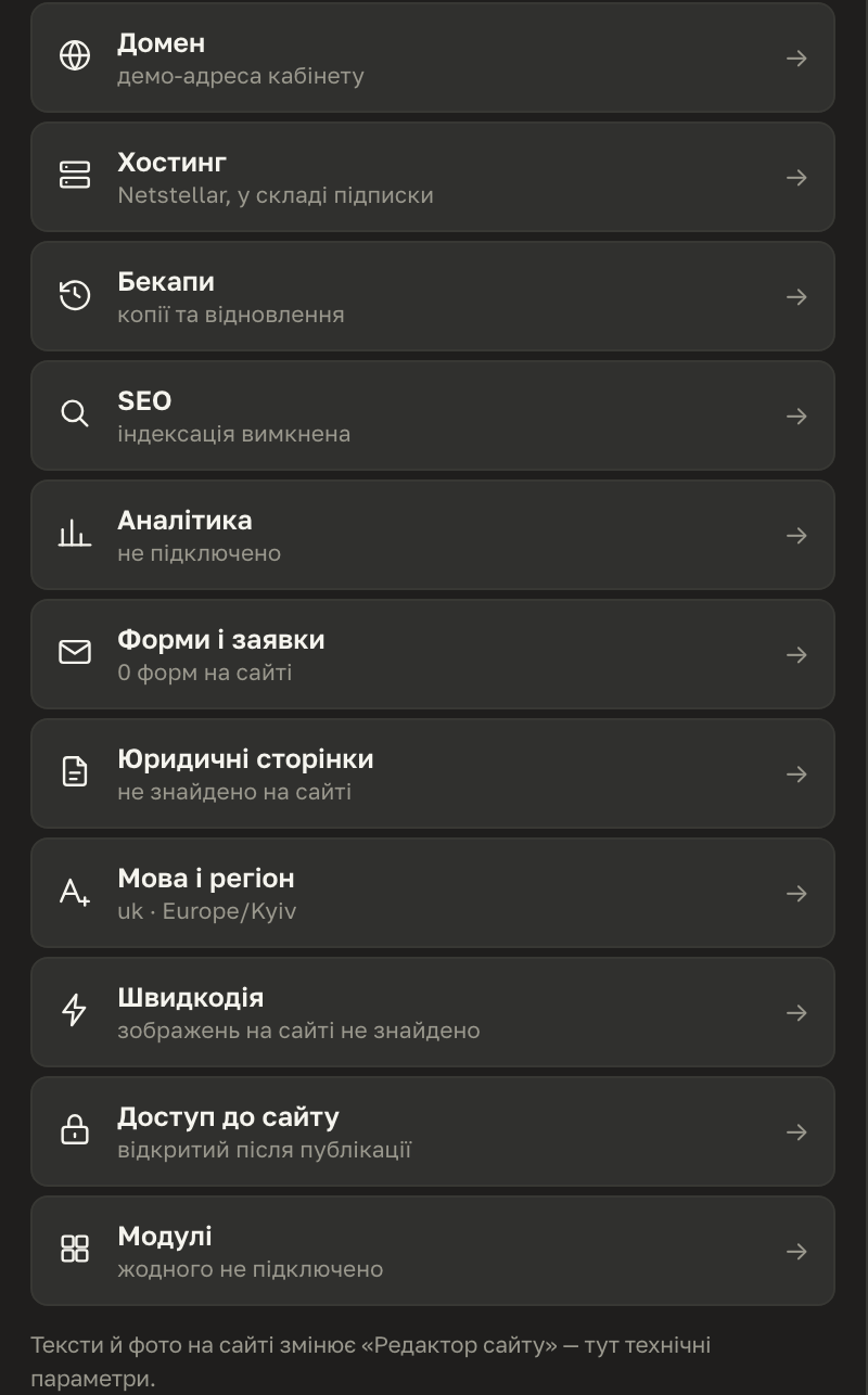 Панель «Налаштування»: список категорій — домен, хостинг, бекапи, SEO, аналітика, форми, юридичні сторінки, мова і регіон, швидкодія, доступ до сайту, модулі — у кожної підписано поточний стан